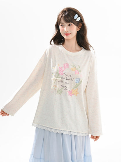 Round Sweet Floral Print Lace Trim Biege/Pink Neck Top