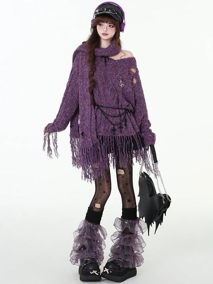 Distressed Holes Fringe Hem Purple Sweater with Free Sacrf