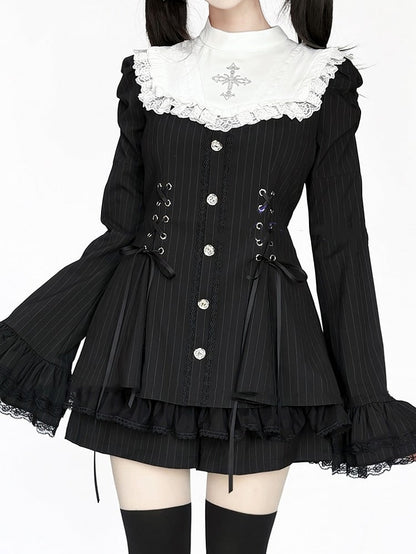 Black Kei - Tie Fashion Dress Sleeves Bow Waist Bib Striped Shorts Lace-Up Matching Outfit Jirai Bell with