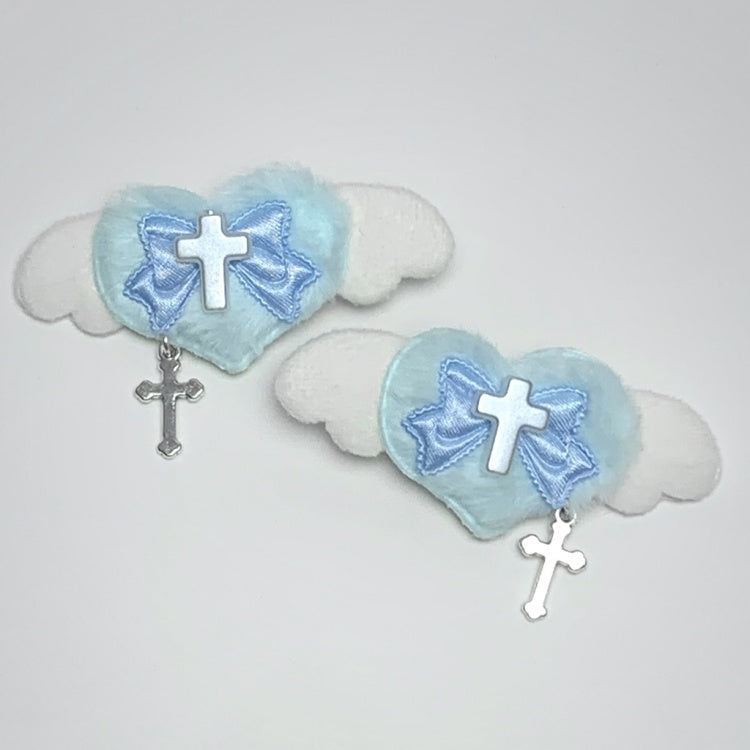 Blue Pink Plush Cross and Bowknot Heart-shaped Hairclip