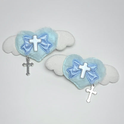 Blue Pink Plush Cross and Bowknot Heart-shaped Hairclip