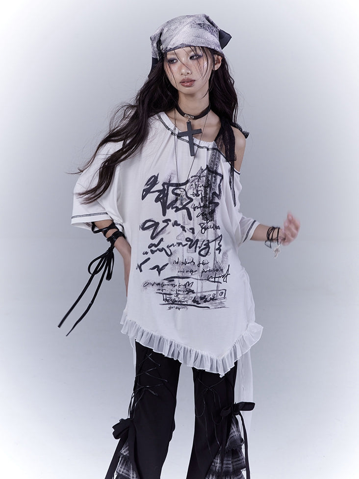 Graphic T-Shirt with Waist Hem White Asymmetrical Neckline Ruffle Strap Self-tie