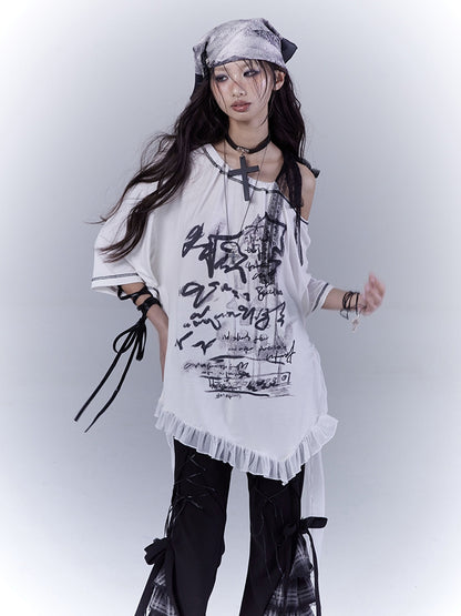 Graphic T-Shirt with Waist Hem White Asymmetrical Neckline Ruffle Strap Self-tie
