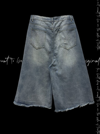 Blue Wide-leg Jeans Dragon Applique Raw Hem Distressed Holes Light