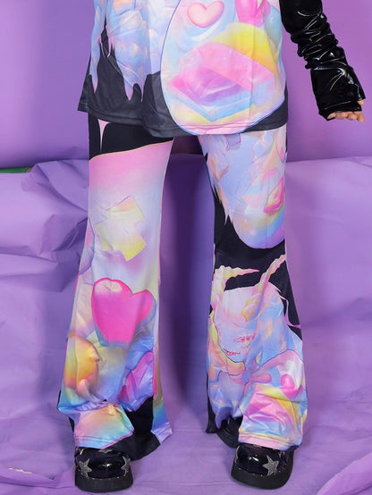 Fashion Colorful Gyaru Flared Cartoon Pattern Pants