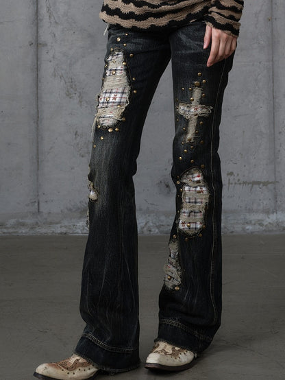 Plaid Distressed Patches Jeans Hem Punk with Frayed Black Wash Cross
