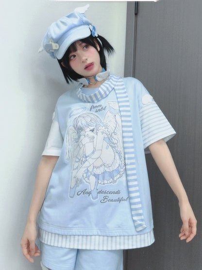 Blue Anime Girl Print Wing Appliques T-Shirt with Striped Scarf