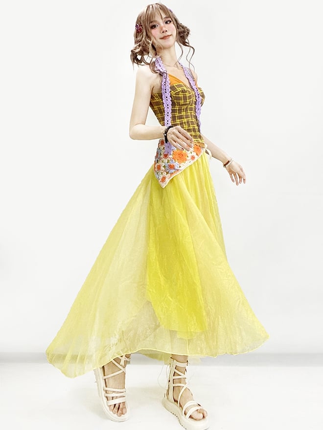 Cami Top Purple Set Scarf Summer Overlay + Plaid Yellow Skirt