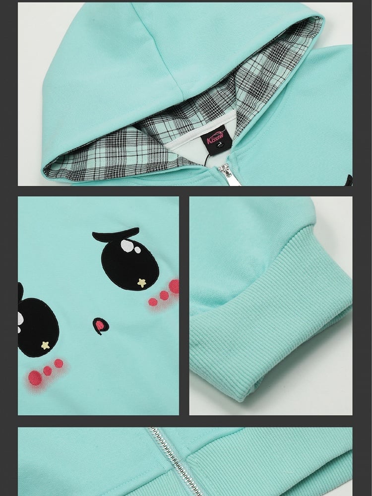 Cute Yami Kawaii Turquoise Blue/Pink Zip Hoodie with Sad Eyes