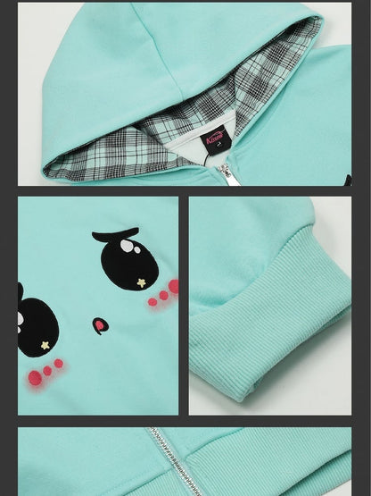 Cute Yami Kawaii Turquoise Blue/Pink Zip Hoodie with Sad Eyes