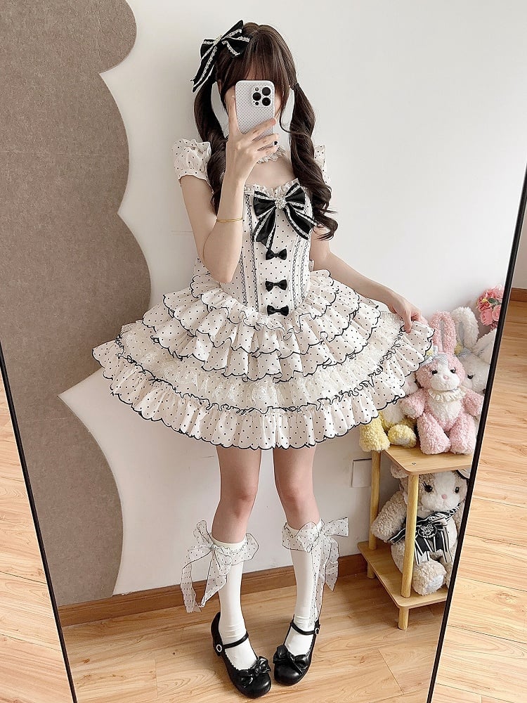 Süßes Lolita-Kleid mit Punkten, vielseitigem OP/JSK-Design und gestuftem Saum, Weiß