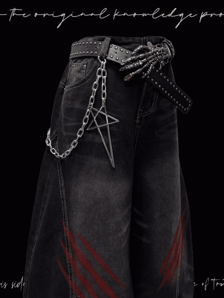 Faded Scratch Print Distressed Punk Wide-Leg Jeans Wash Black