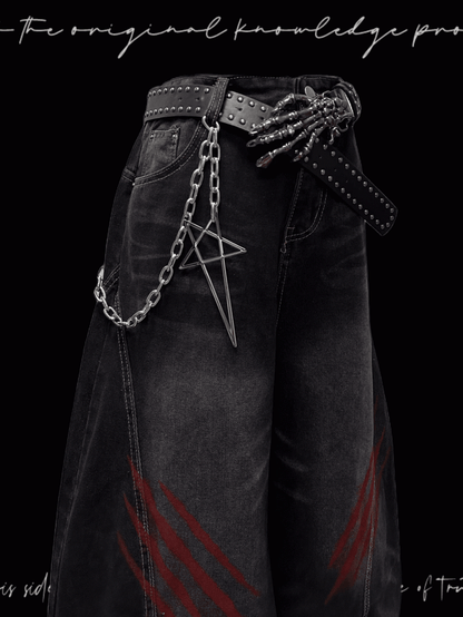 Faded Scratch Print Distressed Punk Wide-Leg Jeans Wash Black