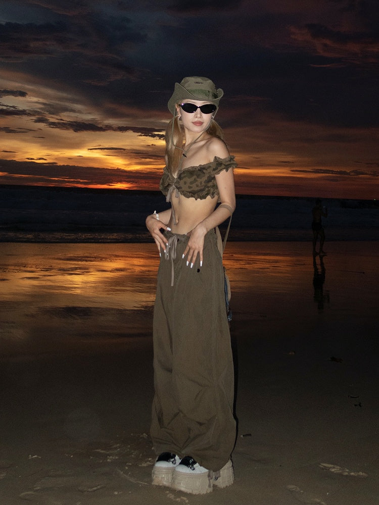 Dark Camo Ruffled Trim Short Puff Sleeves Glamorous Cropped Strapless Top