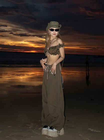 Dark Camo Ruffled Trim Short Puff Sleeves Glamorous Cropped Strapless Top