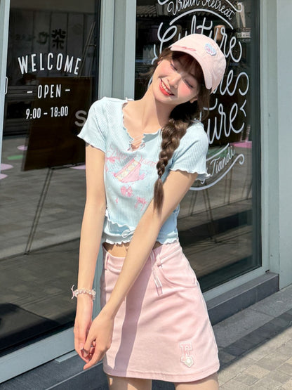 Neckline Pin Sweet T-Shirt Pink/Blue Cake Print Details Hem Lettuce Hem Big Bow