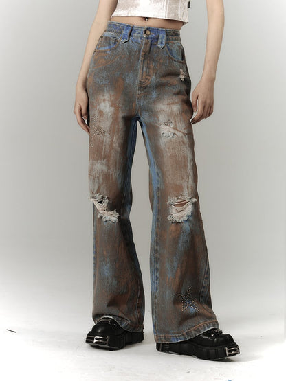 Wasteland Punk Blue Tie Dye Straight Leg Jeans