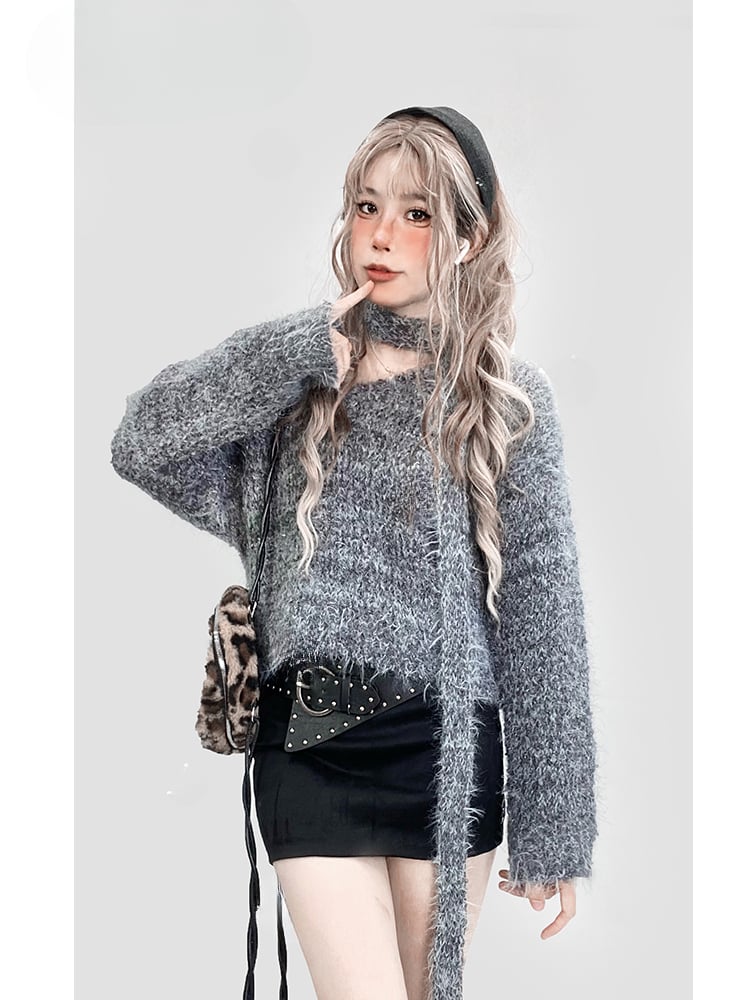 Grey V-neck Knitted Sweater with Scarf