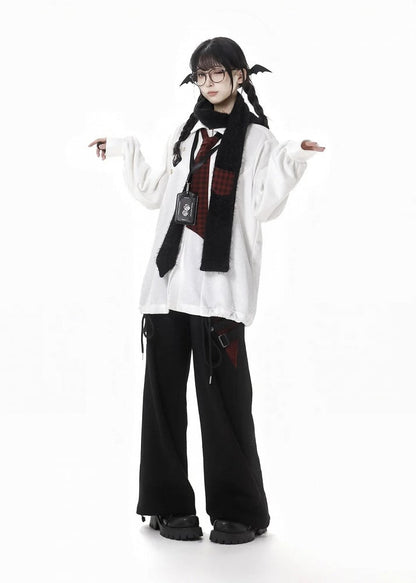 Black Loose Elastic Cuffs Wide-LegCut Pull-on Pants