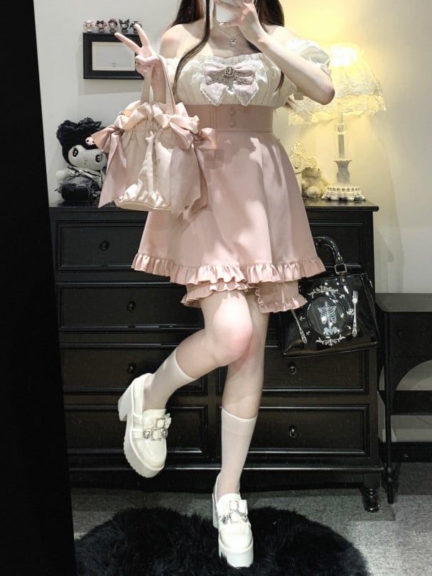 Set aus Minikleid und Shorts mit schulterfreiem Ausschnitt, Jirai Kei, Schwarz/Pink/Blau