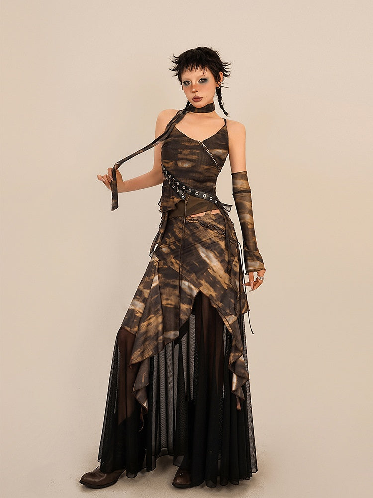 Tie-Dye Floor Length Coffee Punk Skirt with Black Mesh Lining