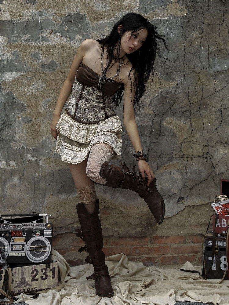 Brown Vintage Wasteland Punk Strapless Dress