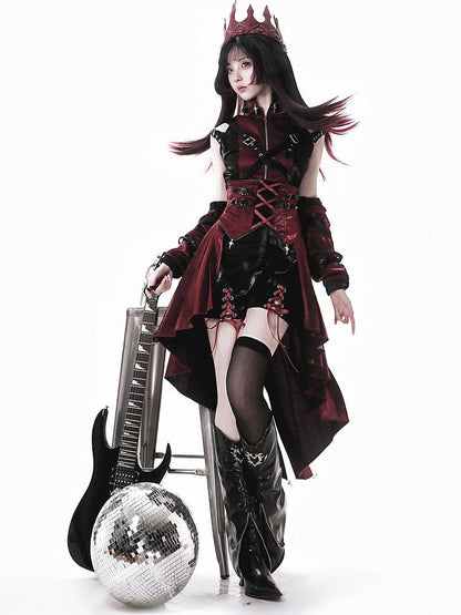 Fashion Red Black Straps Decorated Buckle Punk Sleeves