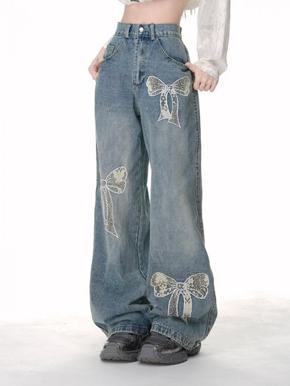 High Street Lace Bowknot Blue Wide-leg Cut Jeans