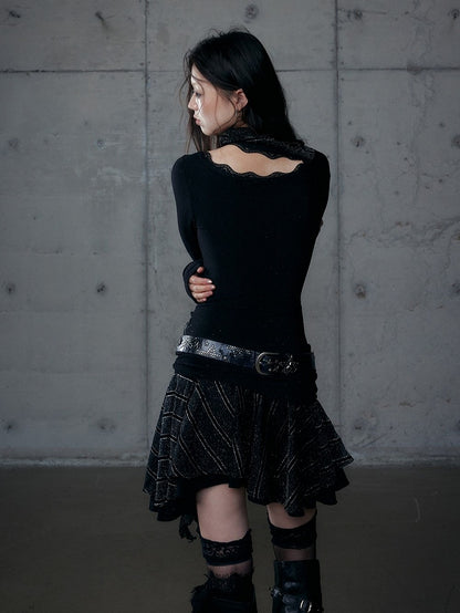 Black Ruched Rhinestone Asymmetrical Blend Cross with Dress Neck Hem