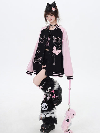 Black and Pink Colorblock Design Butterfly Baseball Jacket
