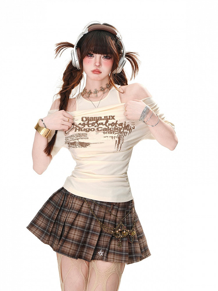 Apricot/Black/Coffee Halter Neck Cutout Shoulder Letter Glamorous T-shirt