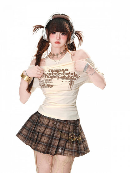 Apricot/Black/Coffee Halter Neck Cutout Shoulder Letter Glamorous T-shirt