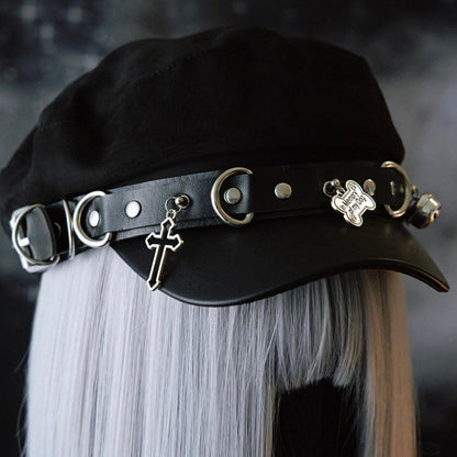 Baskenmütze, Kreuz, Hut und Details, Charme, Gothic, Knochen, schwarze Nieten
