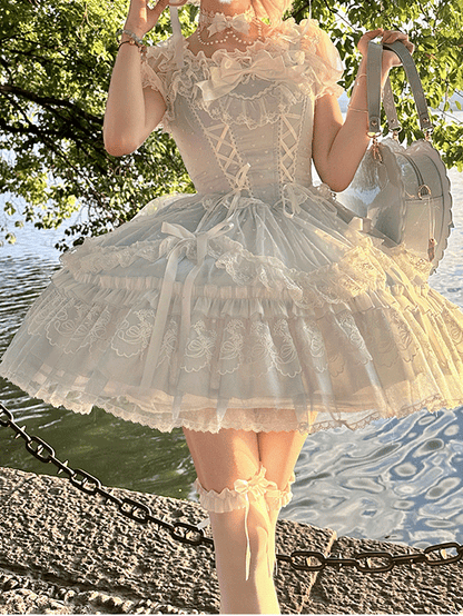 Pullover, abnehmbare Ärmel, Rock, süßes Lolita-Kleid, flatternd mit großem blauen Schnürmieder, hoch taillierter Schleife