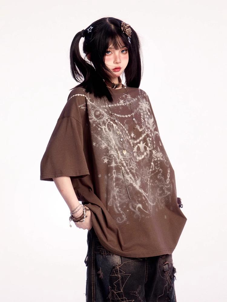 Wasteland Punk Brown Round Neck Graphic T-shirt