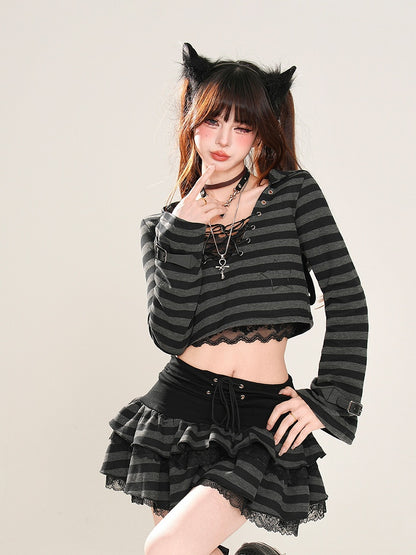 Glamorous Tiered Skirt Black Striped Lace Trim Lace-up Waist