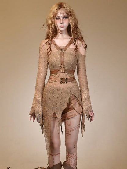 Wasteland Decorated Harness With Neckline And Punk Asymmetrical Brown Knitted Sweater  Butterfly Light Chain