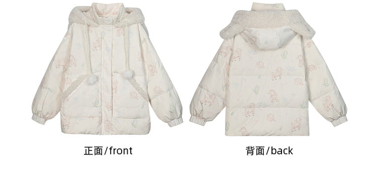 Cute Lamb Print White Hooded Down Jacket Short/Long Version