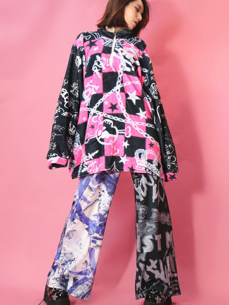 Und Skelett Karierte Krone Y2K Print Stern Oversize Muster Sweatshirt Schwarz