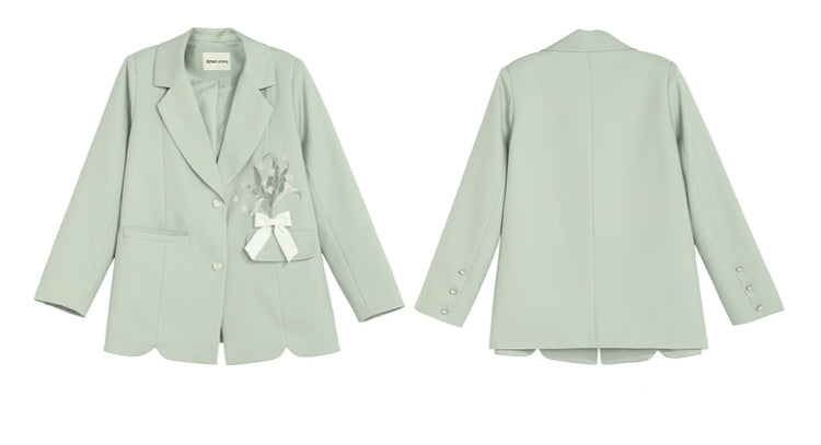 Floral Embroidery Green Heart-shaped Buttons Blazer