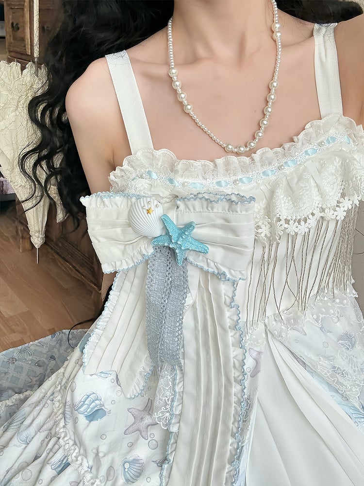 Blue Lolita White Sea Print Shell Dress and Starfish