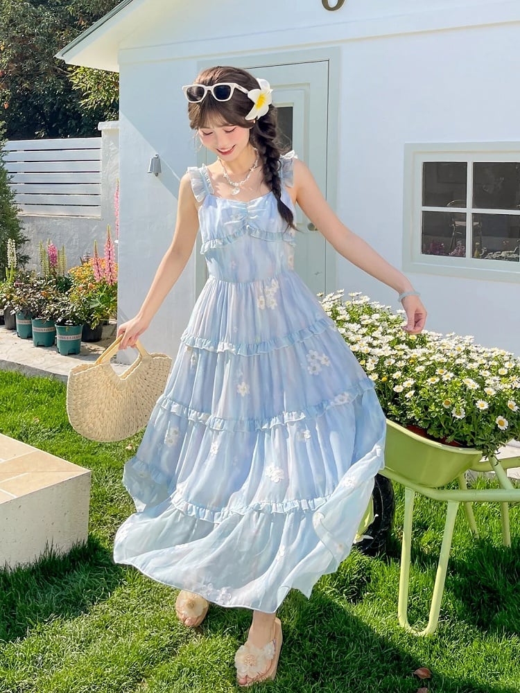Floral Embroidery Tiered Blue Chiffon Flutter Skirt Sleeves Sleeveless Dress