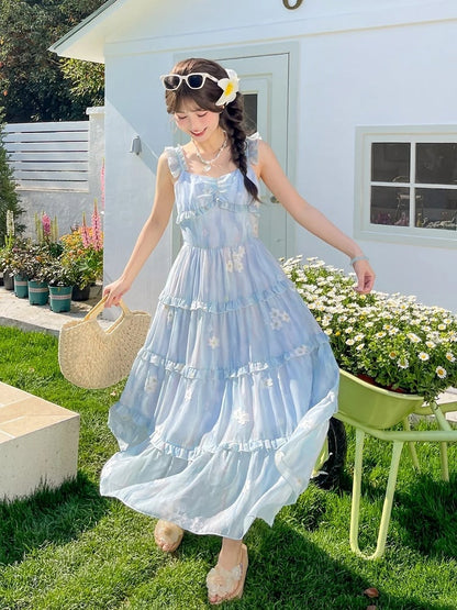 Floral Embroidery Tiered Blue Chiffon Flutter Skirt Sleeves Sleeveless Dress