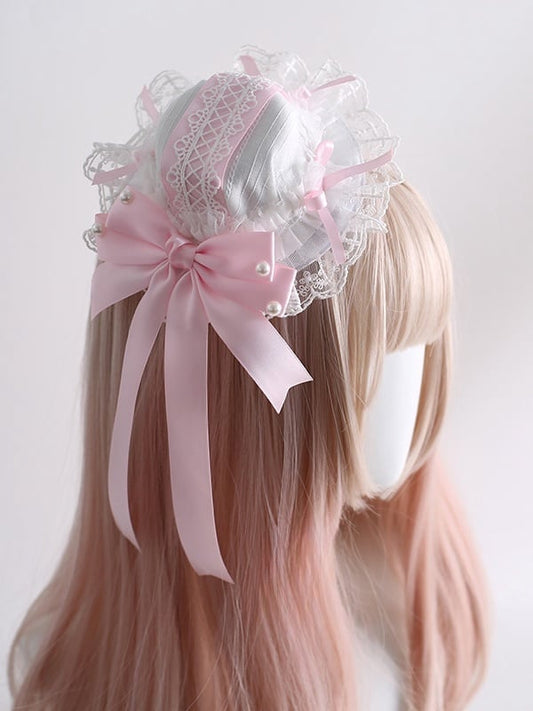 Mini-chapeau Lolita rose et blanc avec nœud et bordure en dentelle et pinces