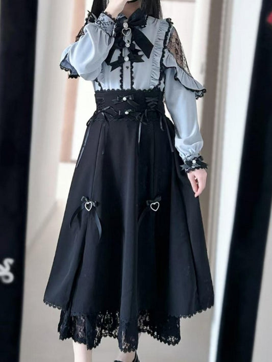 Verzierte, mit Perlen verzierte Jirai-Blau-Verzierung und Schleifendetails, Rüschen, Strass-Kei-Bluse