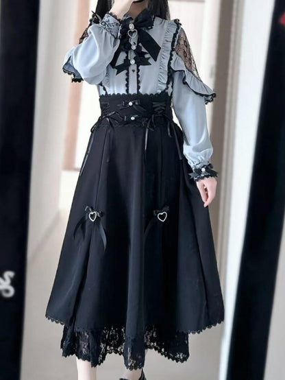 Trim Design Kei Skirt Jirai Black Lace-up Details Lace Slit Side