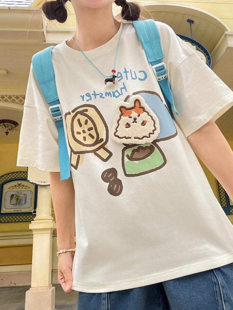Hamster Applique Loose Beige Round Neck Cute T-Shirt