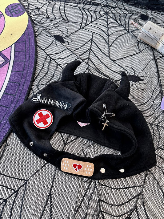 Pins and Zip Black Punk Devil Horns Hat