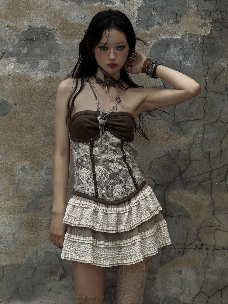 Brown Vintage Wasteland Punk Strapless Dress