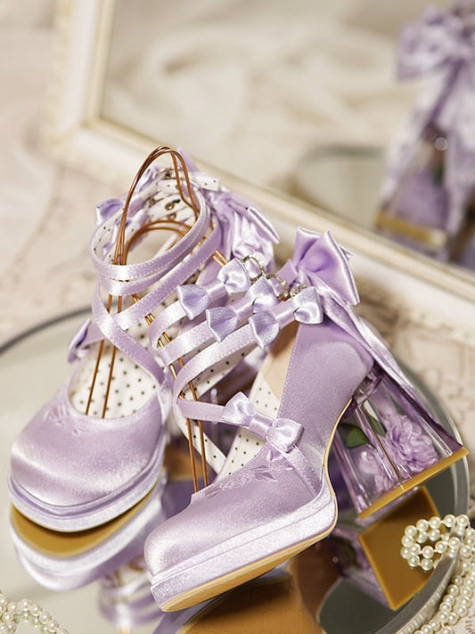 Elegant Camellia Flower Heel Purple Platform Block High Heels
